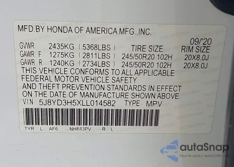 2020 Acura Mdx Technology Package z USA, uszkodzony, nr VIN 5J8YD3H5XLL014582